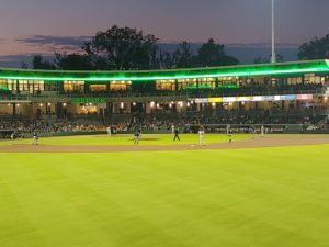 The night brings an eye--catching bright green accent line to the new stadium